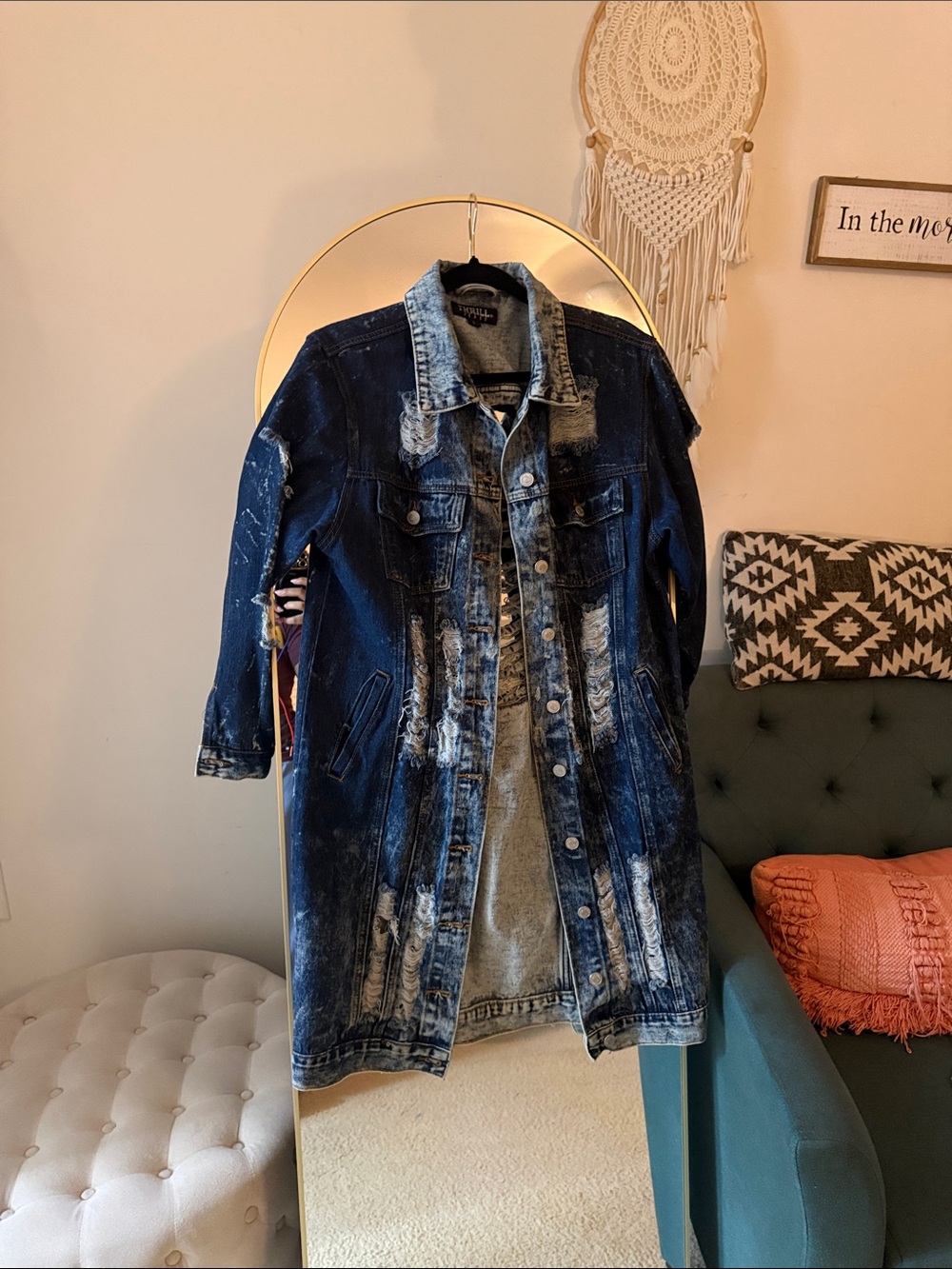 Thrill Dark Blue Distressed Long Denim Jacket